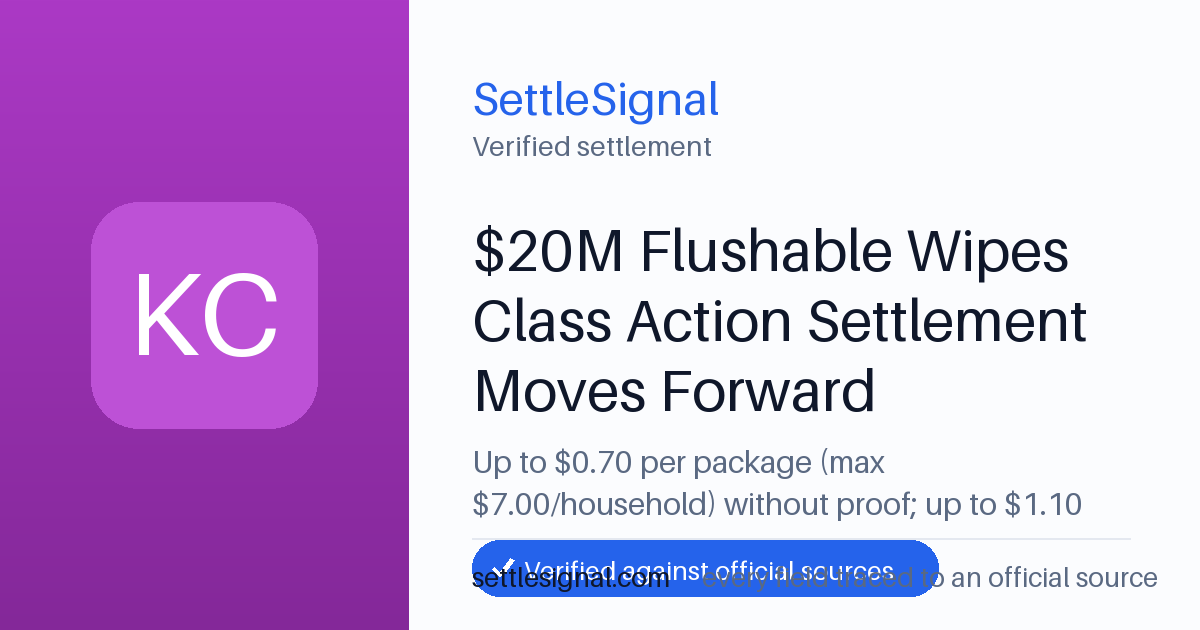 SettleSignal summary card for $20M Flushable Wipes Class Action Settlement Moves Forward, claim by August 16, 2022. Checked against the official settlement source on June 19, 2026.
