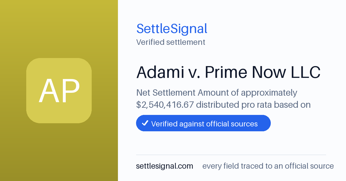 SettleSignal summary card for Adami v. Prime Now LLC — $2,540,416.67, claim by February 20, 2024. Checked against the official settlement source on June 18, 2026.