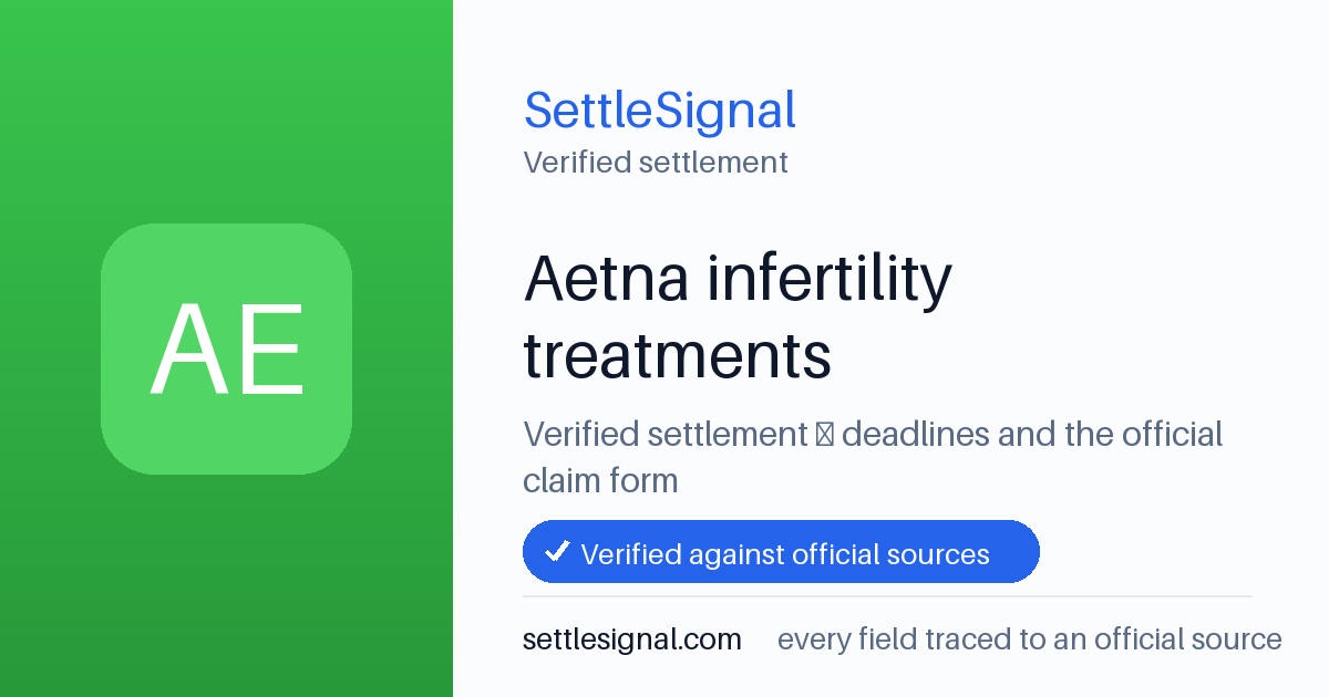 SettleSignal summary card for Aetna infertility treatments. Checked against the official settlement source on June 15, 2026.