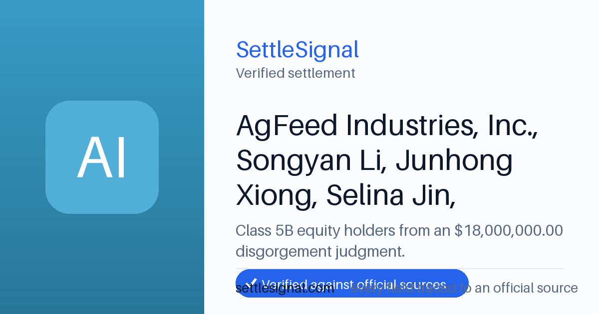 SettleSignal summary card for AgFeed Industries, Inc., Songyan Li, Junhong Xiong, Selina Jin, Shaobo Ouyang, K. Ivan Gothner and Edward Pazdro — $18M, claim by March 31, 2017. Checked against the official settlement source on June 17, 2026.