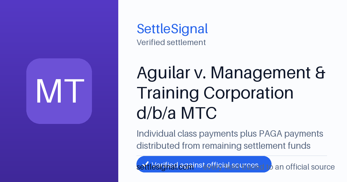 SettleSignal summary card for Aguilar v. Management & Training Corporation d/b/a MTC — $1.8M, claim by May 11, 2026. Checked against the official settlement source on June 28, 2026.