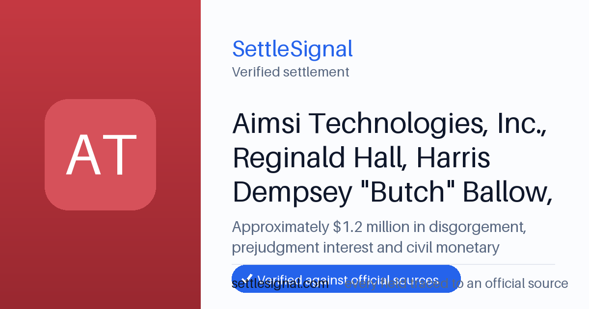SettleSignal summary card for Aimsi Technologies, Inc., Reginald Hall, Harris Dempsey "Butch" Ballow, Everett Bassie, Winfried Fields and Bruce Charles Pollock — $1.2M, claim by December 8, 2017. Checked against the official settlement source on June 17, 2026.