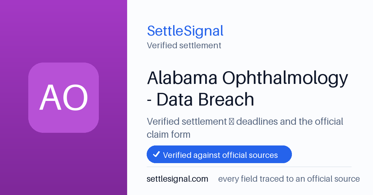 SettleSignal summary card for Alabama Ophthalmology - Data Breach, claim by July 6, 2026. Checked against the official settlement source on June 16, 2026.