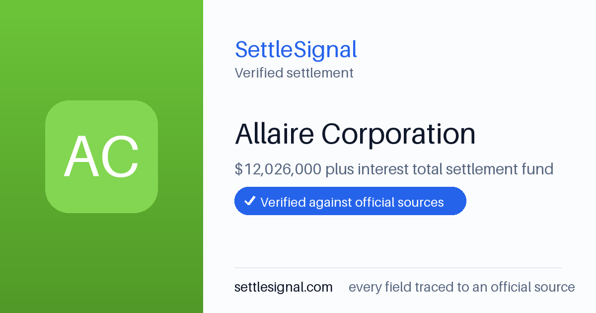 SettleSignal summary card for Allaire Corporation — $12M fund, claim by December 18, 2003. Checked against the official settlement source on June 18, 2026.