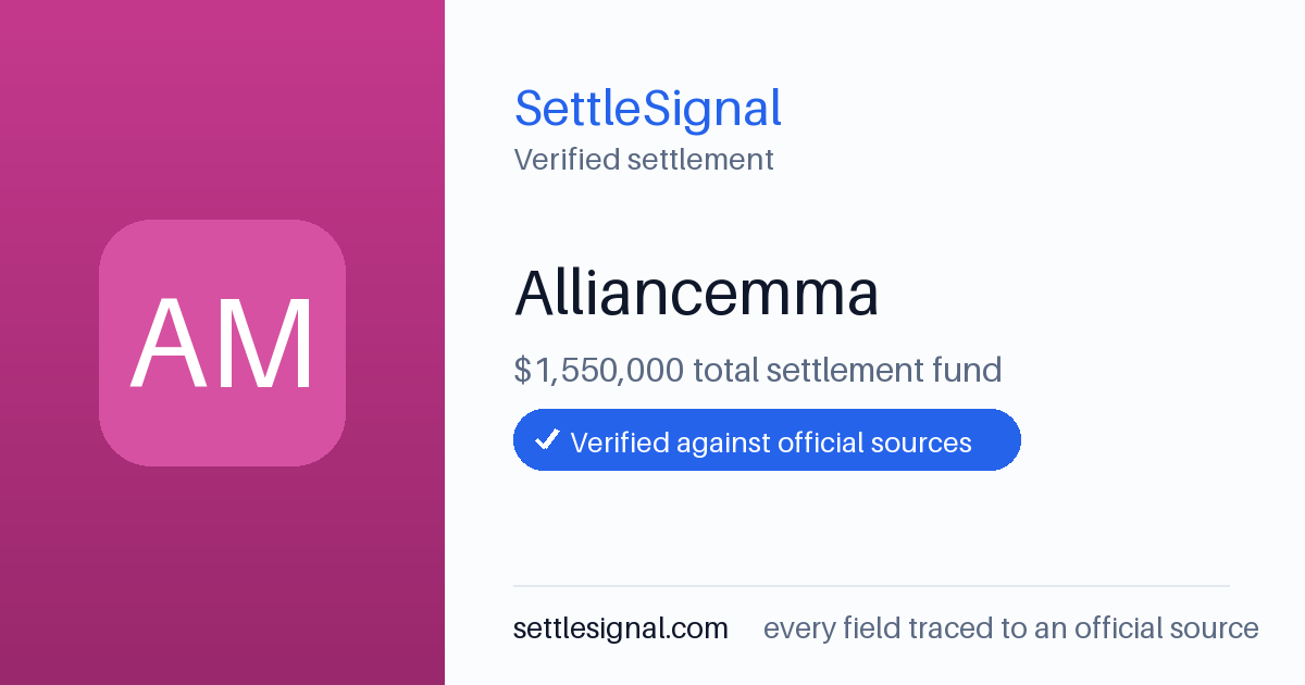 SettleSignal summary card for Alliancemma — $1.6M fund, claim by September 11, 2018. Checked against the official settlement source on June 18, 2026.
