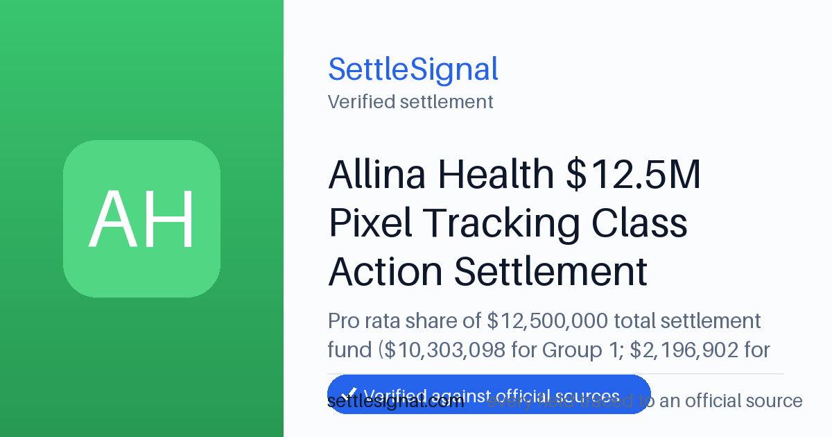 SettleSignal summary card for Allina Health $12.5M Pixel Tracking Class Action Settlement — $12.5M fund, claim by September 8, 2026. Checked against the official settlement source on June 19, 2026.