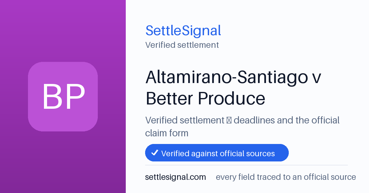 SettleSignal summary card for Altamirano-Santiago v Better Produce. Checked against the official settlement source on June 17, 2026.