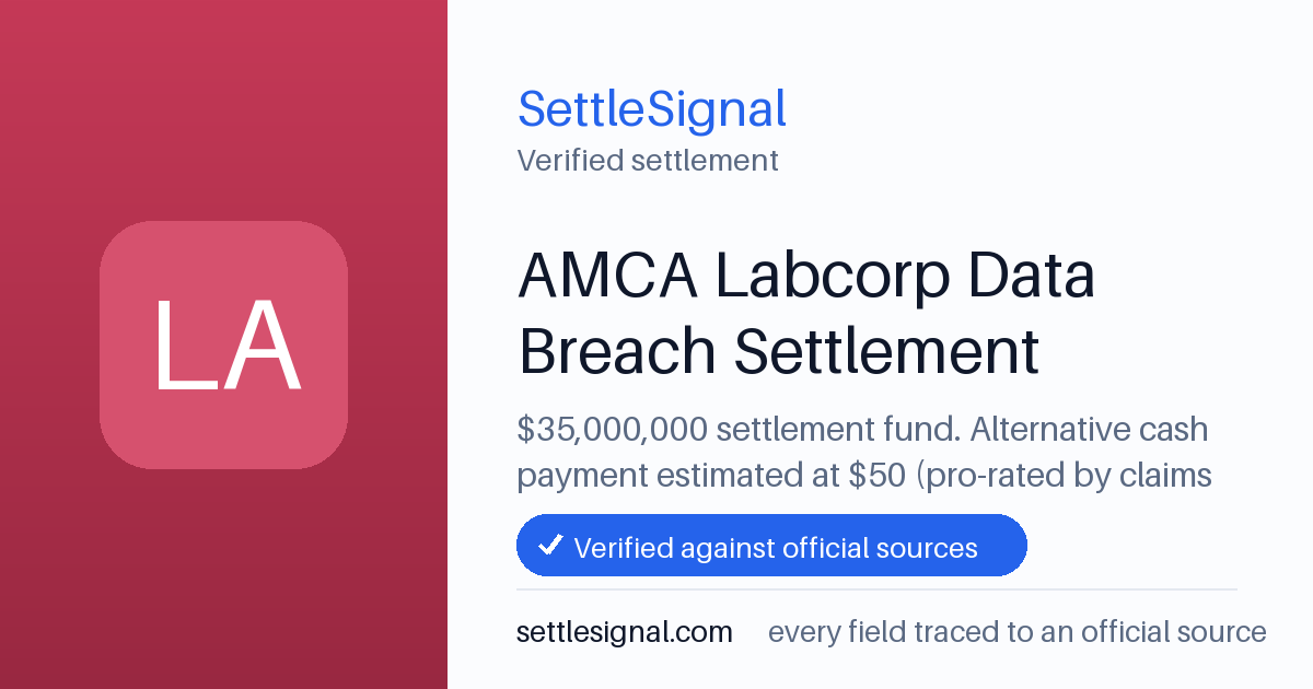 SettleSignal summary card for AMCA Labcorp Data Breach Settlement — $35M fund, claim by September 3, 2026. Checked against the official settlement source on June 15, 2026.