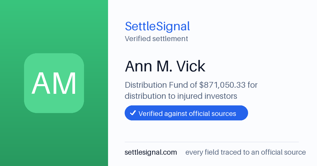 SettleSignal summary card for Ann M. Vick — $871,050.33 fund. Checked against the official settlement source on June 17, 2026.