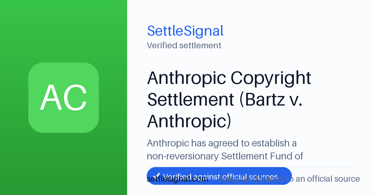 SettleSignal summary card for Anthropic Copyright Settlement (Bartz v. Anthropic) — $1500M, claim by March 30, 2026. Checked against the official settlement source on July 22, 2026.