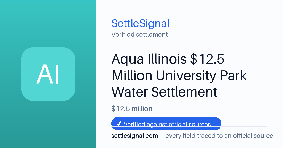 SettleSignal summary card for Aqua Illinois $12.5 Million University Park Water Settlement — $12.5M, claim by July 6, 2026. Checked against the official settlement source on June 20, 2026.