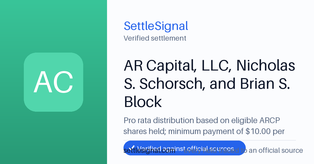 SettleSignal summary card for AR Capital, LLC, Nicholas S. Schorsch, and Brian S. Block — $10, claim by November 15, 2021. Checked against the official settlement source on June 17, 2026.