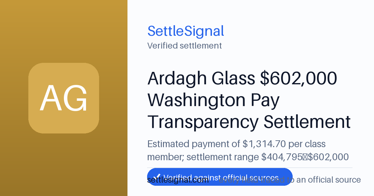 SettleSignal summary card for Ardagh Glass $602,000 Washington Pay Transparency Settlement — $1,314.70, claim by May 29, 2026. Checked against the official settlement source on June 19, 2026.