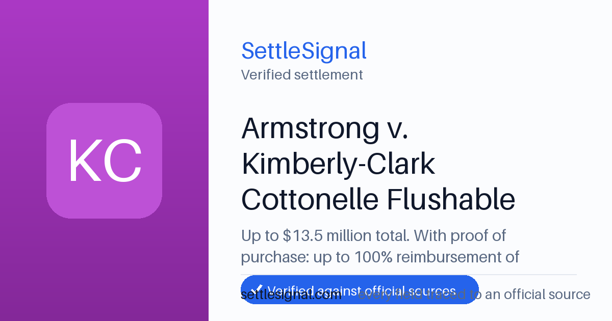 SettleSignal summary card for Armstrong v. Kimberly-Clark Cottonelle Flushable Wipes Settlement — up to $13.5M, claim by January 16, 2024. Checked against the official settlement source on June 9, 2026.