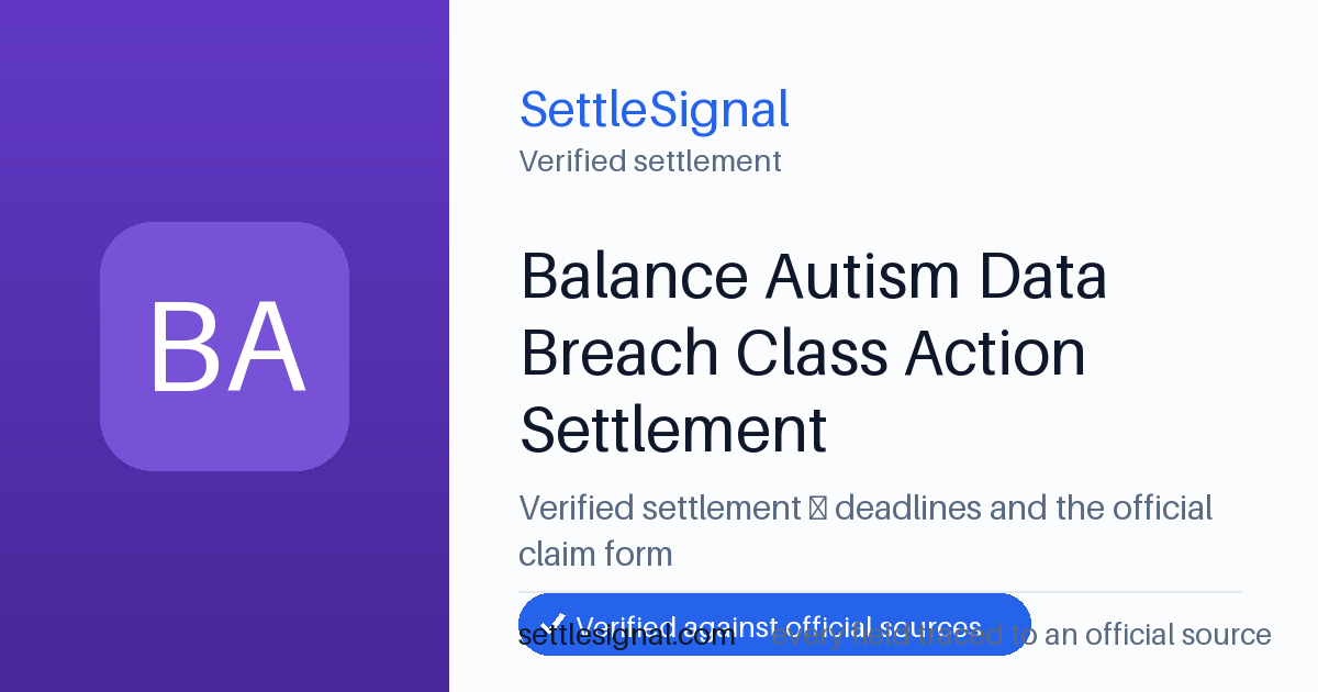 SettleSignal summary card for Balance Autism Data Breach Class Action Settlement, claim by June 1, 2026. Checked against the official settlement source on June 19, 2026.