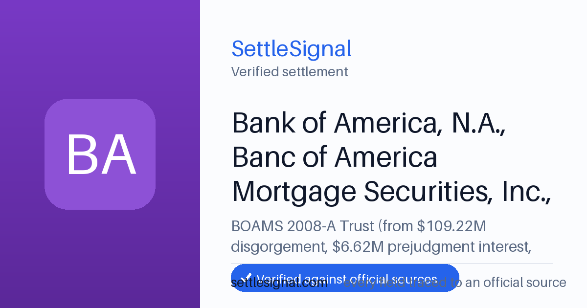 SettleSignal summary card for Bank of America, N.A., Banc of America Mortgage Securities, Inc., and Merrill Lynch, Pierce, Fenner &Smith, Inc. f/k/a Banc of America Securities LLC — $109.22M, claim by October 31, 2018. Checked against the official settlement source on June 17, 2026.