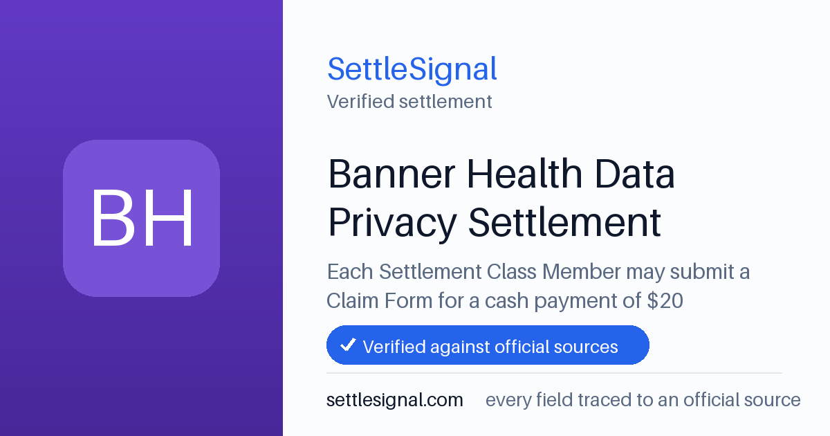 SettleSignal summary card for Banner Health Data Privacy Settlement — $20, claim by September 5, 2026. Checked against the official settlement source on July 17, 2026.