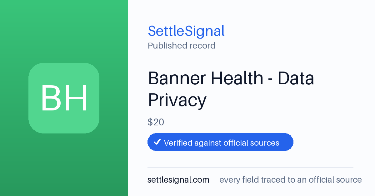 SettleSignal summary card for Banner Health - Data Privacy — $20, claim by September 5, 2026. Accepted official evidence on file.