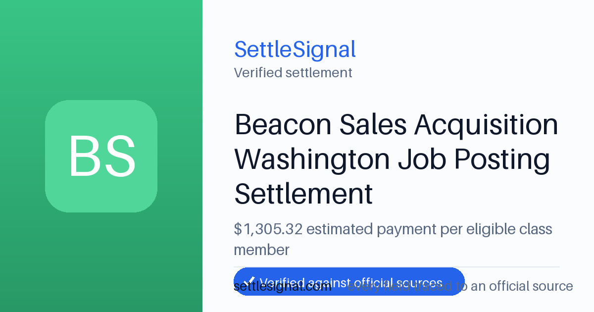 SettleSignal summary card for Beacon Sales Acquisition Washington Job Posting Settlement — $1,305.32, claim by May 11, 2026. Checked against the official settlement source on June 19, 2026.