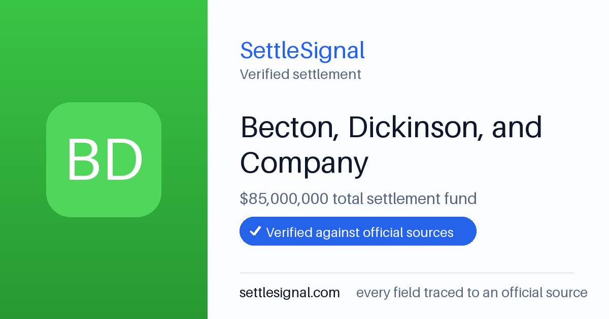 SettleSignal summary card for Becton, Dickinson, and Company — $85M fund, claim by June 14, 2024. Checked against the official settlement source on June 18, 2026.