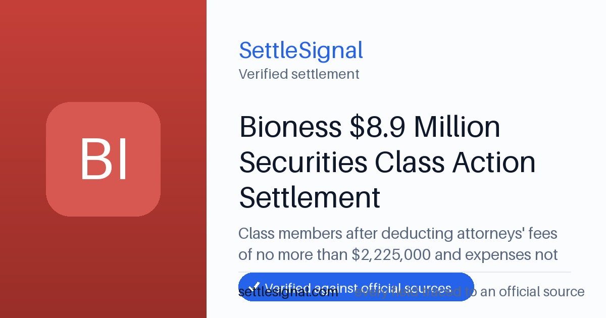SettleSignal summary card for Bioness $8.9 Million Securities Class Action Settlement — $2.2M. Checked against the official settlement source on June 19, 2026.