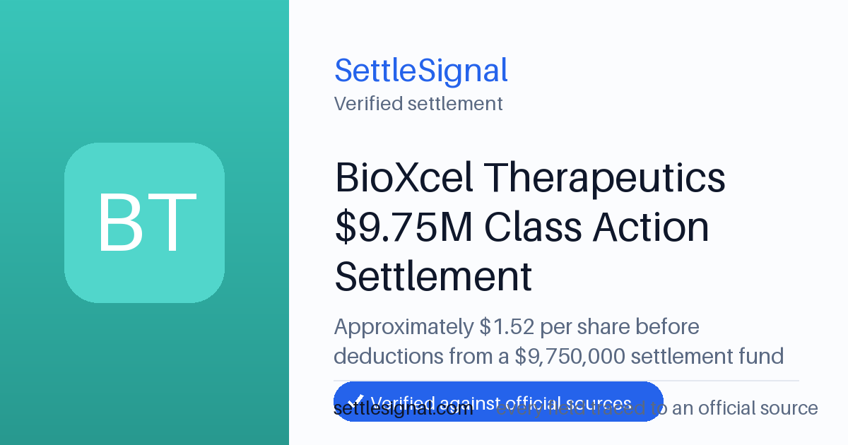 SettleSignal summary card for BioXcel Therapeutics $9.75M Class Action Settlement — $1.52, claim by June 30, 2026. Checked against the official settlement source on June 19, 2026.