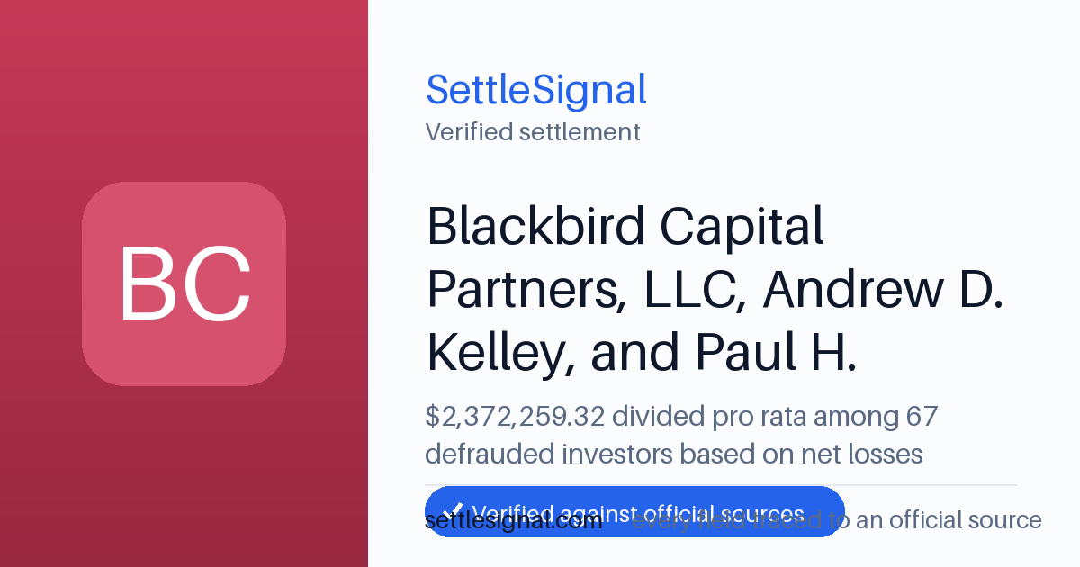 SettleSignal summary card for Blackbird Capital Partners, LLC, Andrew D. Kelley, and Paul H. Shumway — $2,372,259.32. Checked against the official settlement source on June 17, 2026.