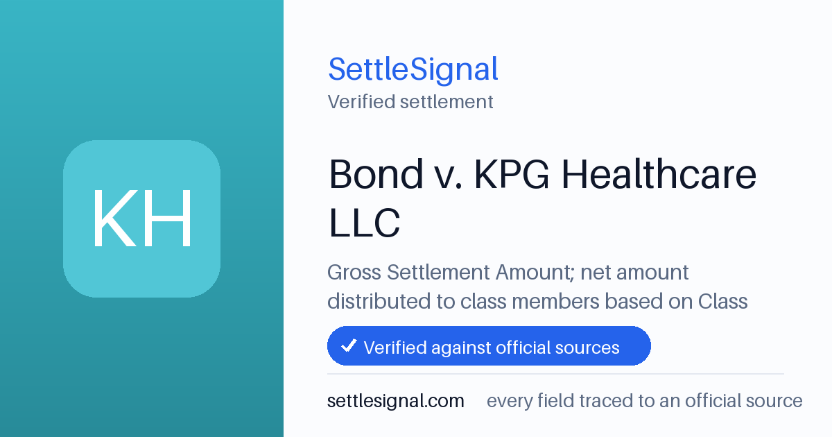 SettleSignal summary card for Bond v. KPG Healthcare LLC. Checked against the official settlement source on June 18, 2026.