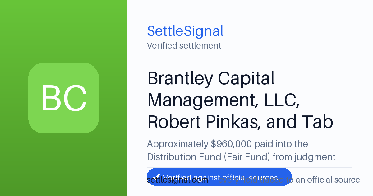SettleSignal summary card for Brantley Capital Management, LLC, Robert Pinkas, and Tab Keplinger — $835,235, claim by December 11, 2013. Checked against the official settlement source on June 17, 2026.