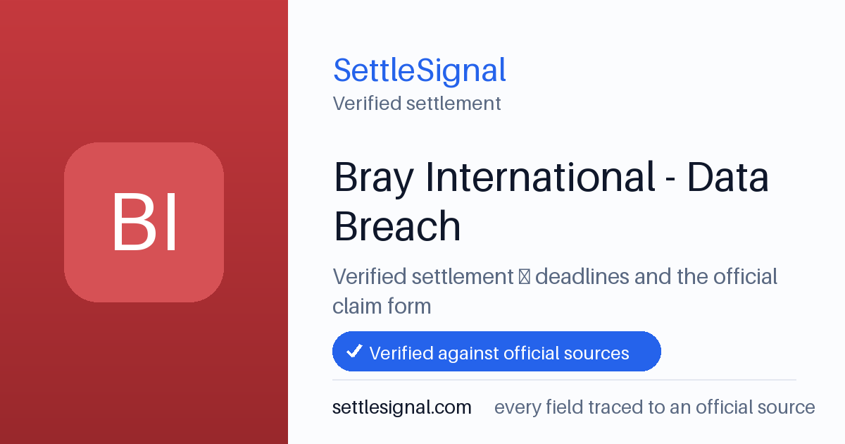 SettleSignal summary card for Bray International - Data Breach, claim by July 30, 2026. Checked against the official settlement source on July 26, 2026.