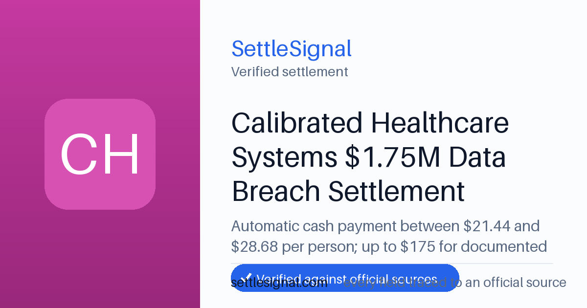 SettleSignal summary card for Calibrated Healthcare Systems $1.75M Data Breach Settlement — $21.44, claim by July 9, 2026. Checked against the official settlement source on June 19, 2026.