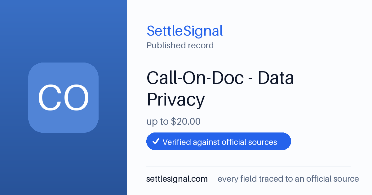SettleSignal summary card for Call-On-Doc - Data Privacy — up to $20, claim by August 29, 2026. Accepted official evidence on file.