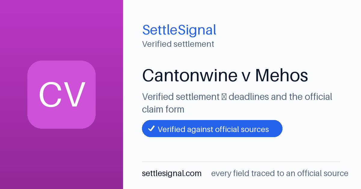 SettleSignal summary card for Cantonwine v Mehos, claim by November 25, 2023. Checked against the official settlement source on June 16, 2026.
