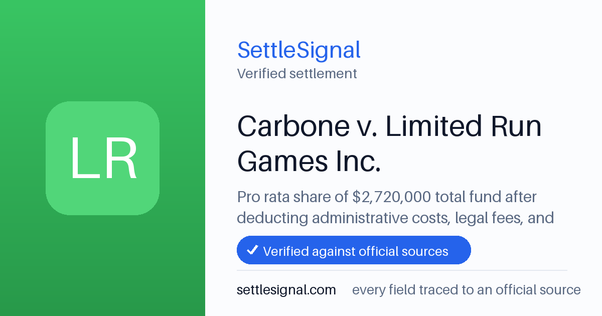 SettleSignal summary card for Carbone v. Limited Run Games Inc. — $2.7M fund, claim by January 20, 2026. Checked against the official settlement source on June 17, 2026.
