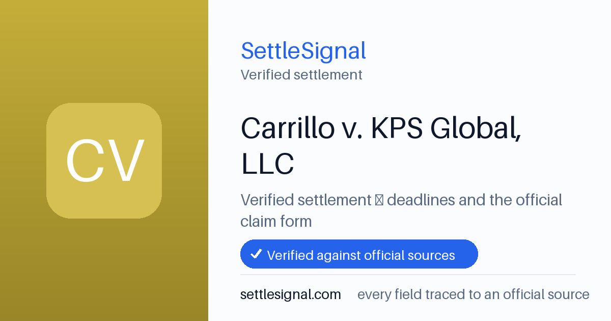 SettleSignal summary card for Carrillo v. KPS Global, LLC. Checked against the official settlement source on August 2, 2026.
