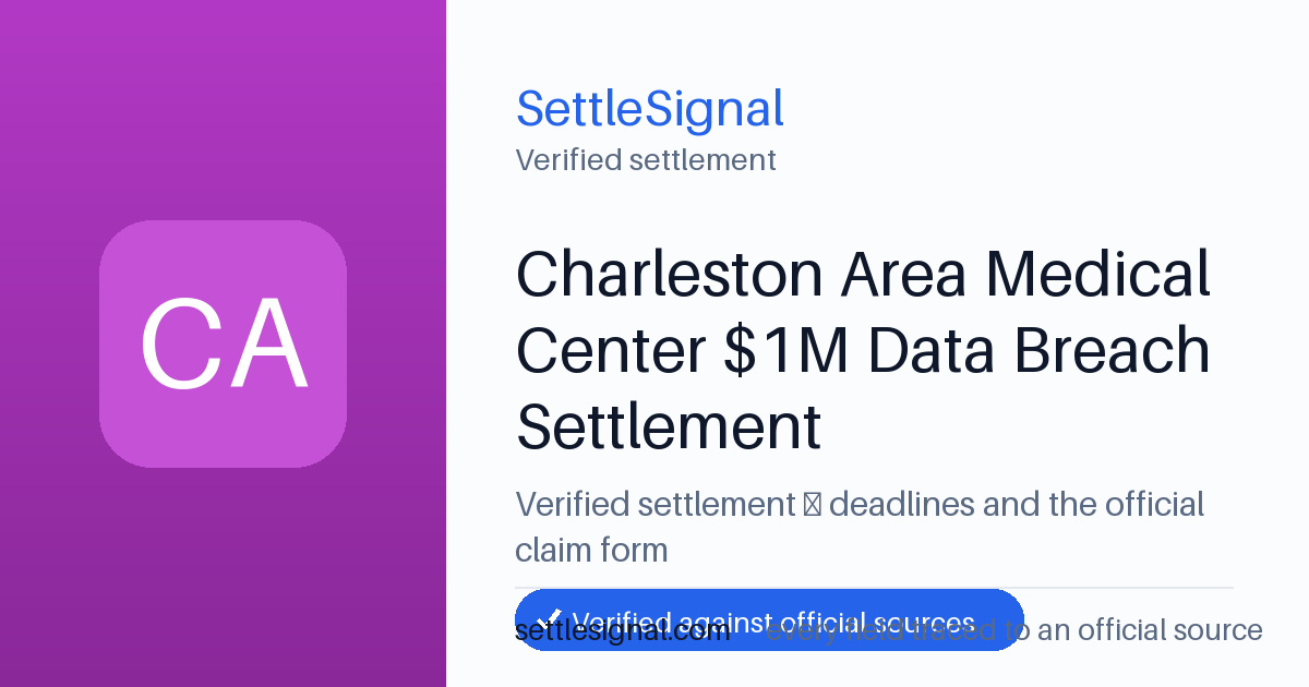 SettleSignal summary card for Charleston Area Medical Center $1M Data Breach Settlement, claim by June 10, 2026. Checked against the official settlement source on June 19, 2026.