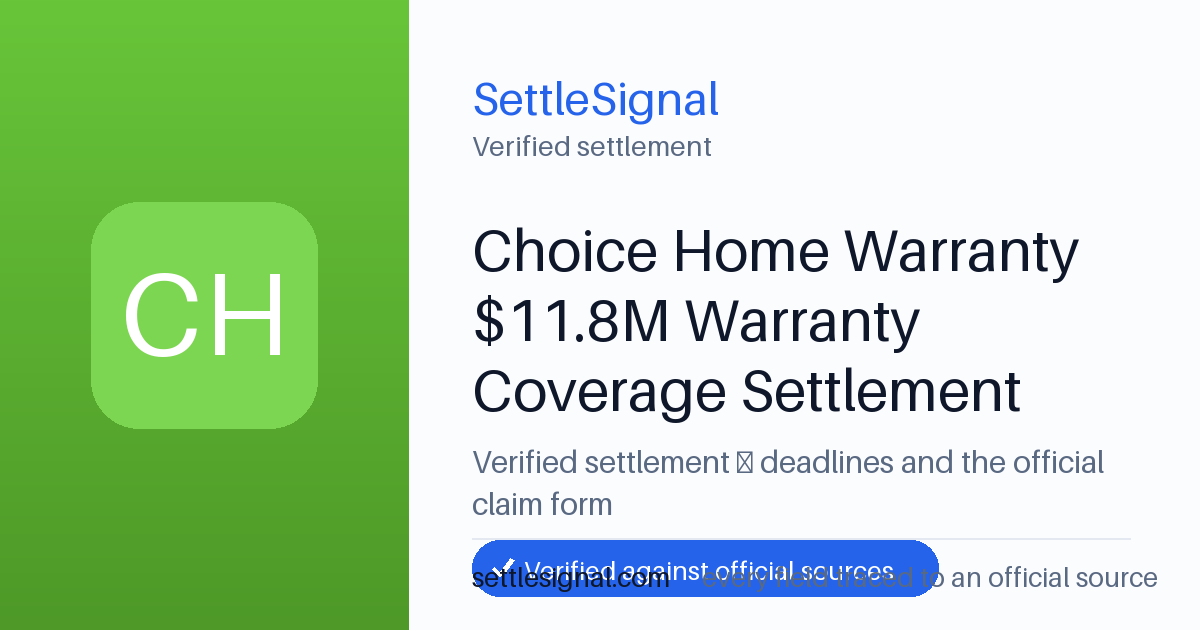 SettleSignal summary card for Choice Home Warranty $11.8M Warranty Coverage Settlement, claim by August 1, 2026. Checked against the official settlement source on June 19, 2026.