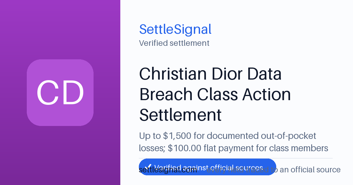 SettleSignal summary card for Christian Dior Data Breach Class Action Settlement — up to $1,500, claim by May 25, 2026. Checked against the official settlement source on June 19, 2026.