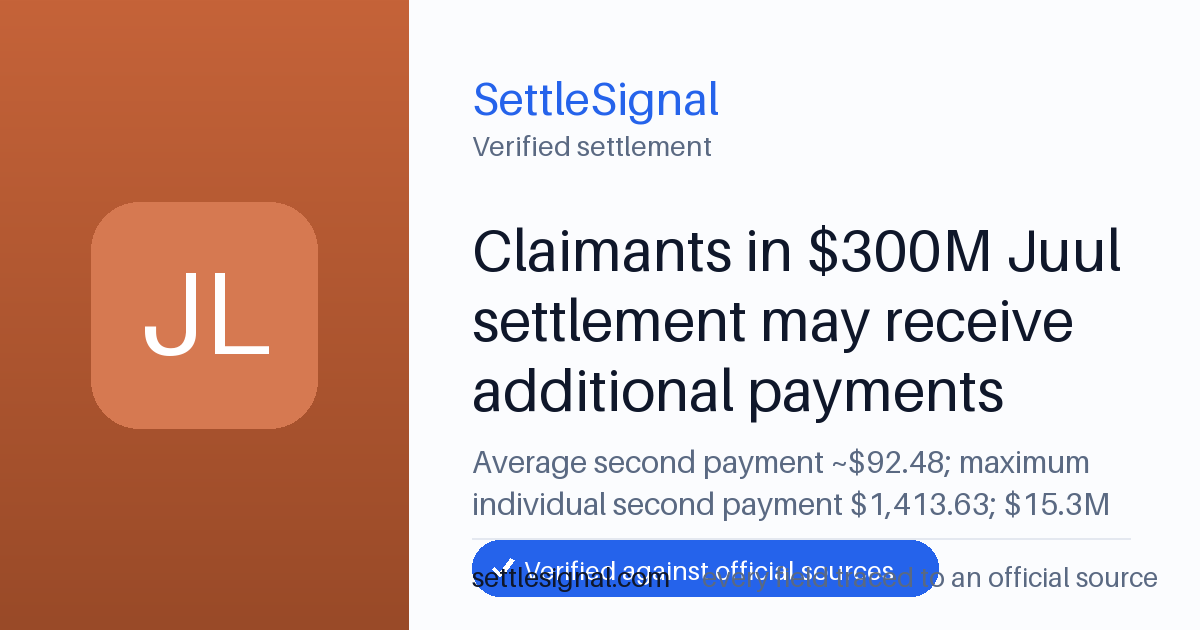 SettleSignal summary card for Claimants in $300M Juul settlement may receive additional payments — $92.48. Checked against the official settlement source on June 19, 2026.