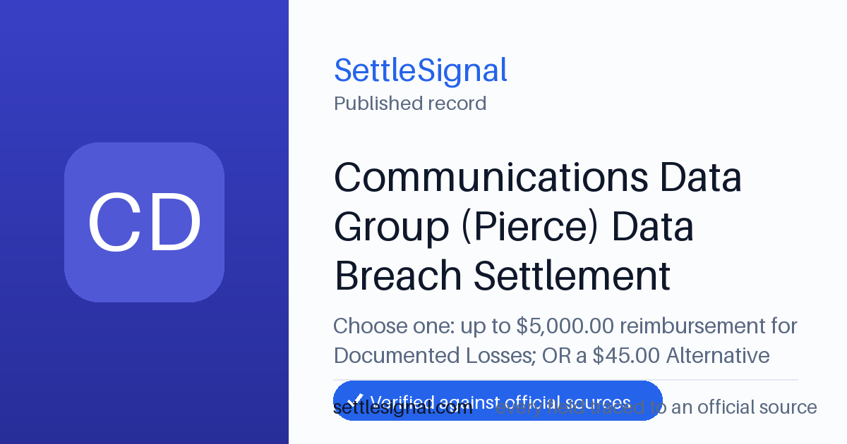 SettleSignal summary card for Communications Data Group (Pierce) Data Breach Settlement — up to $5,000, claim by November 10, 2026. Accepted official evidence on file.
