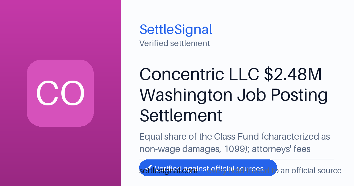 SettleSignal summary card for Concentric LLC $2.48M Washington Job Posting Settlement — $824,674.50. Checked against the official settlement source on June 19, 2026.