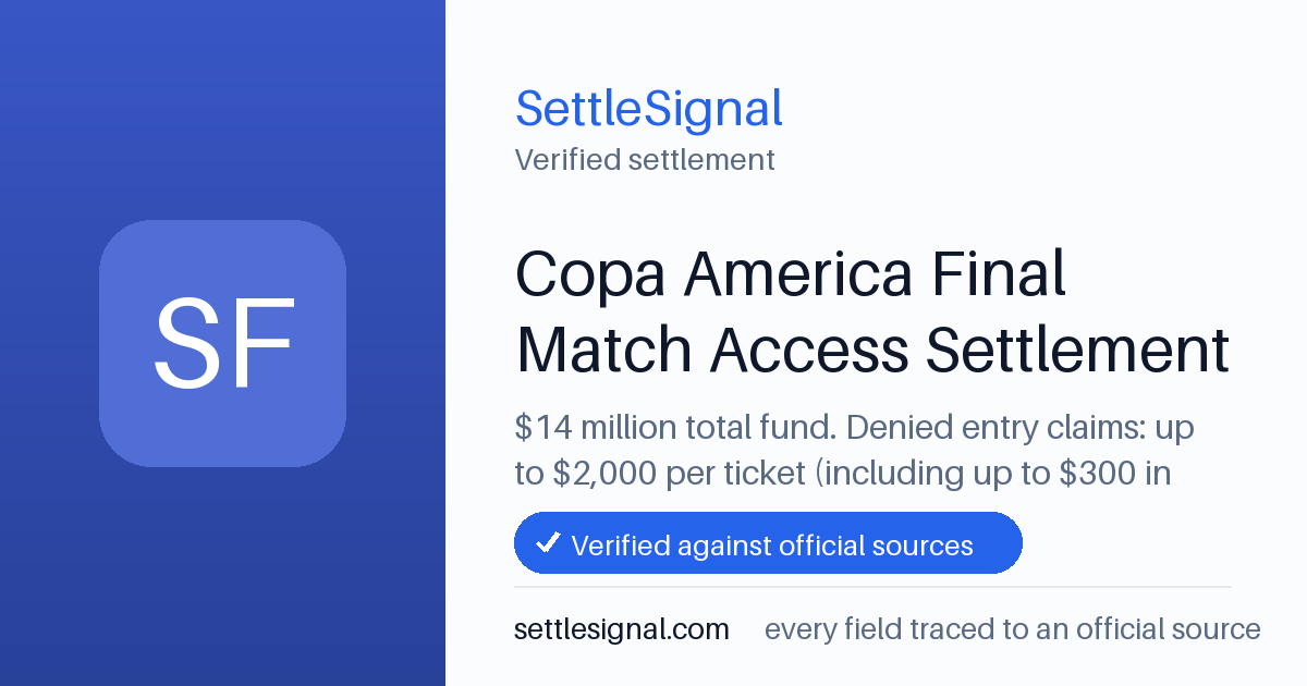 SettleSignal summary card for Copa America Final Match Access Settlement — $14M fund, claim by August 11, 2026. Checked against the official settlement source on July 5, 2026.