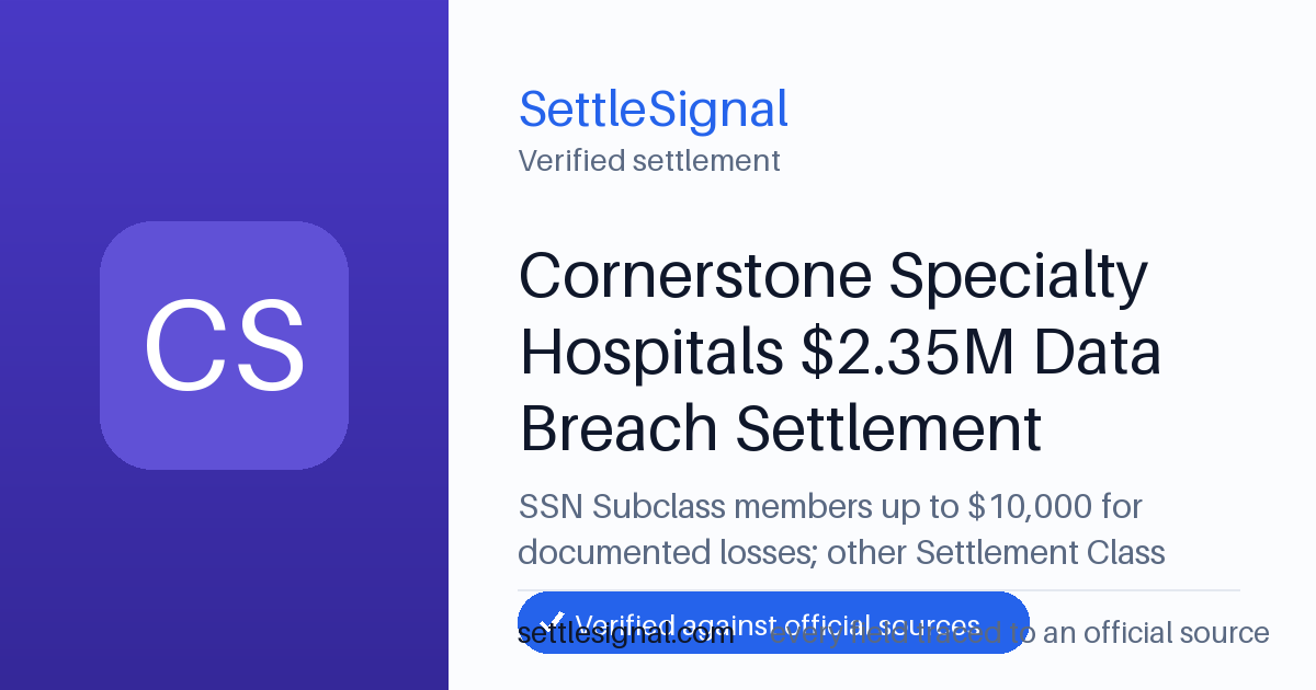 SettleSignal summary card for Cornerstone Specialty Hospitals $2.35M Data Breach Settlement — up to $10,000, claim by May 8, 2026. Checked against the official settlement source on June 19, 2026.