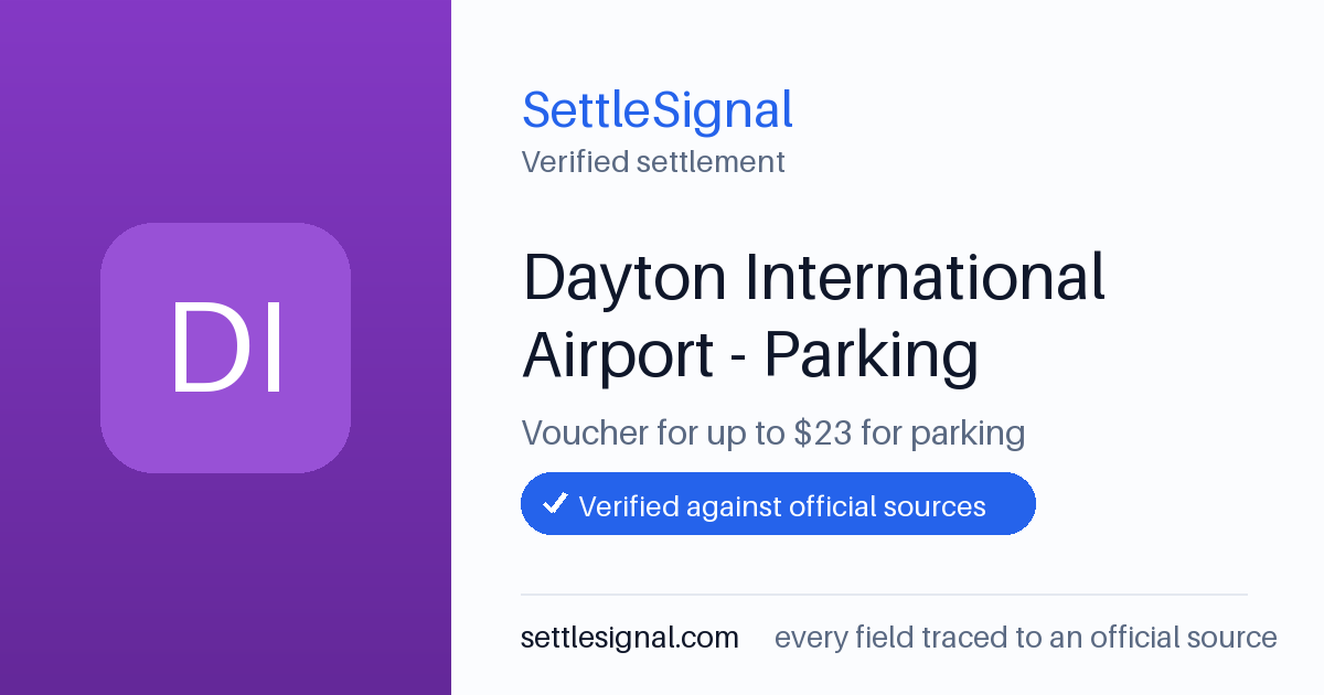 SettleSignal summary card for Dayton International Airport - Parking — up to $23, claim by July 15, 2026. Checked against the official settlement source on June 16, 2026.