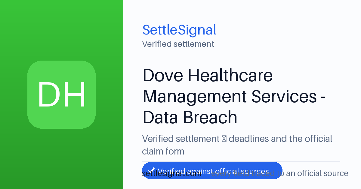 SettleSignal summary card for Dove Healthcare Management Services - Data Breach, claim by July 6, 2026. Checked against the official settlement source on June 16, 2026.