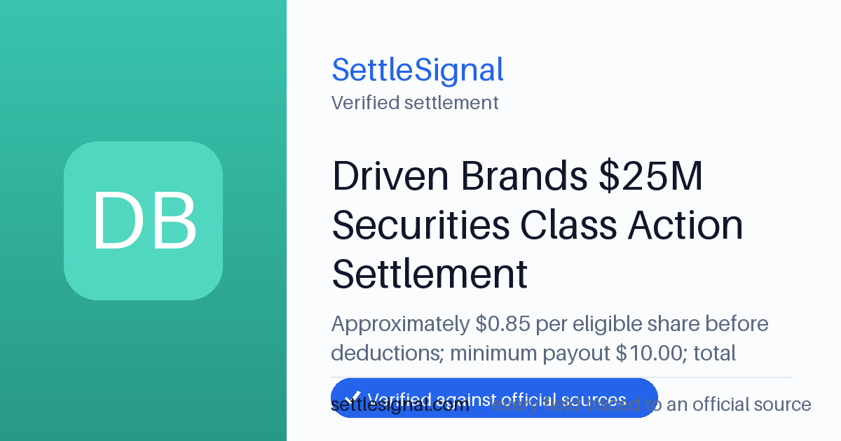SettleSignal summary card for Driven Brands $25M Securities Class Action Settlement — at least $10, claim by July 6, 2026. Checked against the official settlement source on June 19, 2026.
