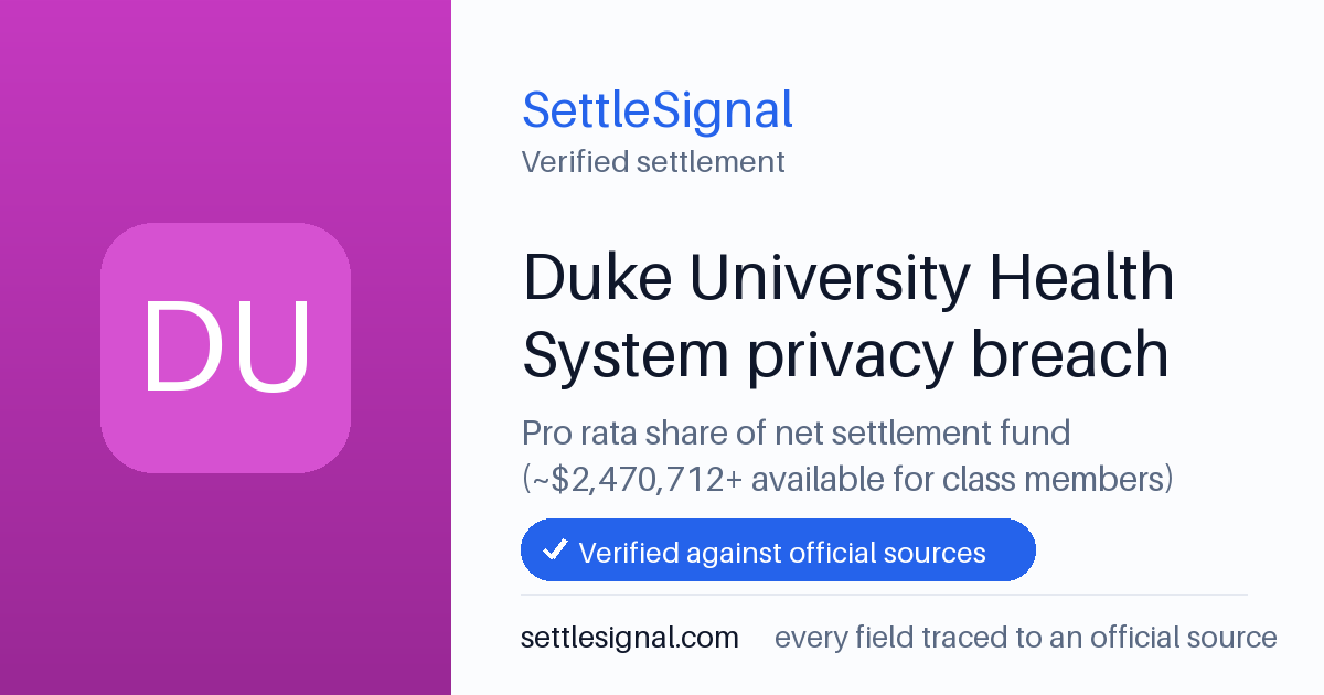 SettleSignal summary card for Duke University Health System privacy breach — $2.5M fund, claim by August 16, 2026. Checked against the official settlement source on June 17, 2026.