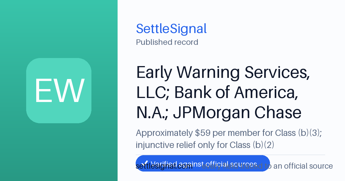 SettleSignal summary card for Early Warning Services, LLC; Bank of America, N.A.; JPMorgan Chase Bank, N.A.; Wells Fargo Bank, N.A — $59. Accepted official evidence on file.
