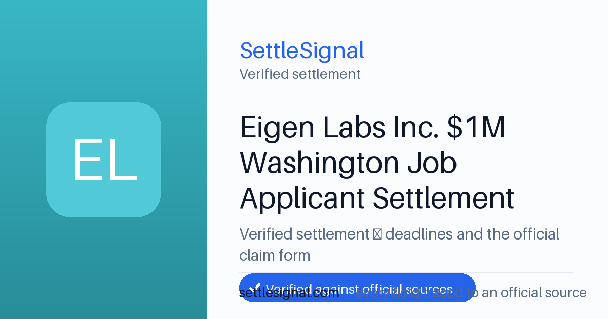 SettleSignal summary card for Eigen Labs Inc. $1M Washington Job Applicant Settlement. Checked against the official settlement source on June 19, 2026.