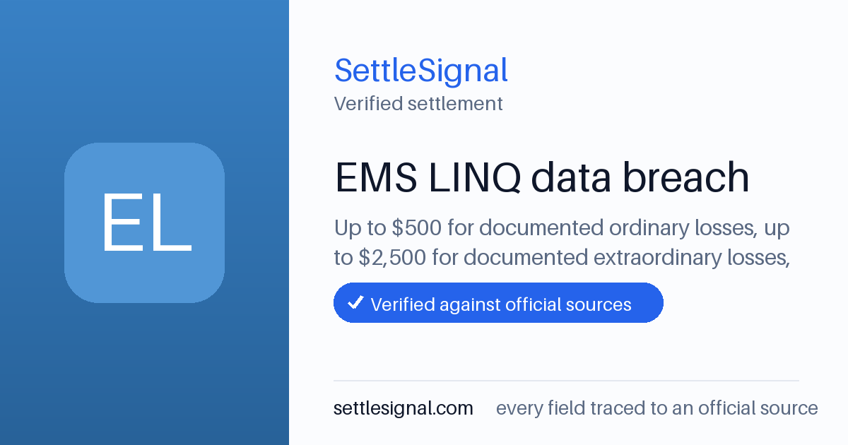 SettleSignal summary card for EMS LINQ data breach — up to $500, claim by June 29, 2026. Checked against the official settlement source on June 17, 2026.